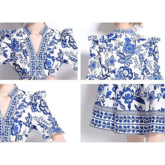 Women's Floral Print V-Neck Button Up Short Puff Sleeve Midi Dress - Picture 7 of 7